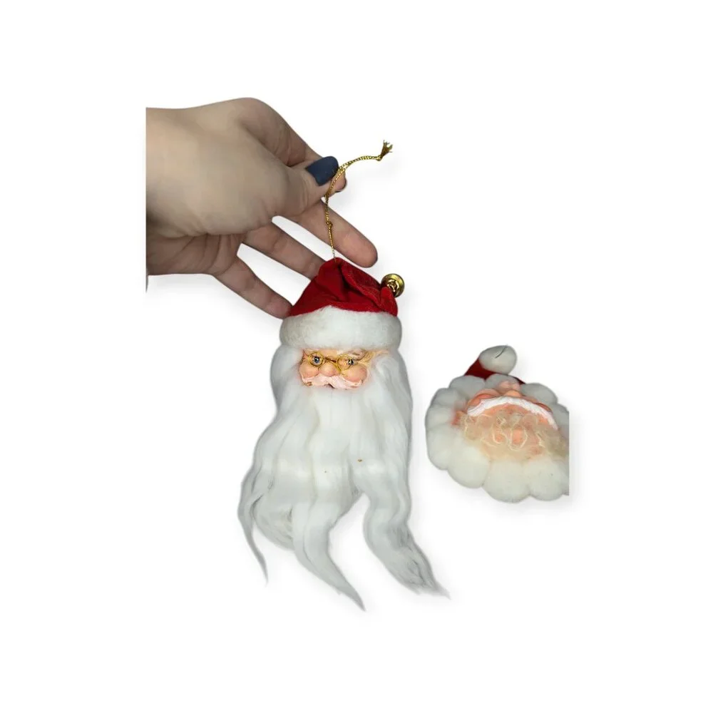 Vintage Vinyl/Hard Plastic Santa Face Ornaments with Fuzzy Beards and Hat Set 2